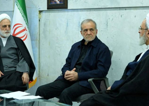 Iranian President Masoud Pezeshkian, Gholam-Hossein Mohseni-Eje'i, the head of the judiciary and Alireza Arafi, deputy chairman of the Assembly of Experts, attend the meeting of the interim leadership council of Iran in an unknown location, amid the US-Israel conflict with Iran, March 1, 2026.