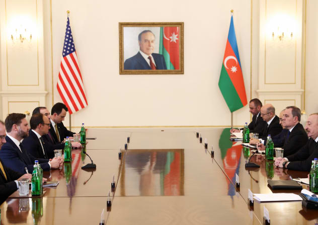 U.S. Vice President JD Vance seen during a bilateral meeting with Azerbaijani President Ilham Aliyev at the Zagulba Presidential Residence on February 10, 2026 in Baku, Azerbaijan.