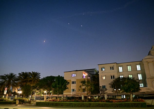 Smoke from a reported rocket interception is seen in the sky over in Dubai on February 28, 2026.