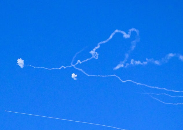 Rocket interceptions over central Israel on March 9, 2026, following rocket launches from Hezbollah in Lebanon.