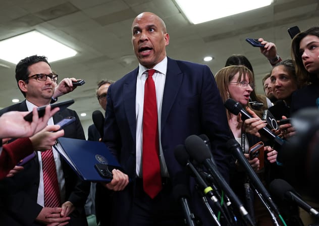 US SEN. Cory Booker (D-NJ) speaks to the media after hearing Congressional briefings on Iran at the US Capitol on March 3, 2026 in Washington, DC. 
