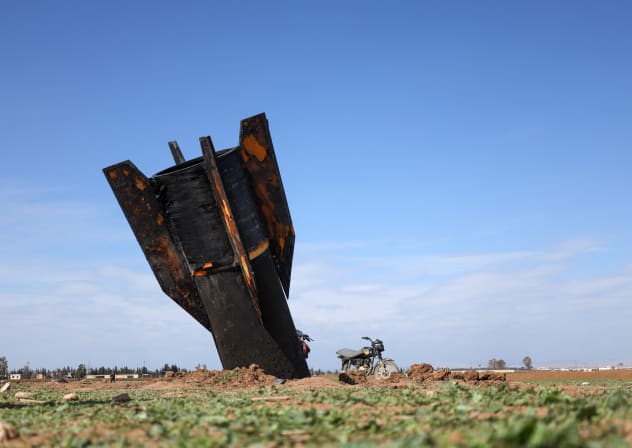 A view of an Iranian missile after it fell near Qamishli International Airport, near the Turkish border in the Qamishli district of Hasakah, Syria, on March 4, 2026, amid the U.S.-Israeli conflict with Iran.