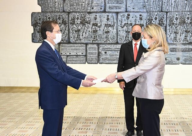 Isaac Herzog receiving letter of credence of the new ambassadors to Israel, including Ana María Salomón Pérez, September 2021