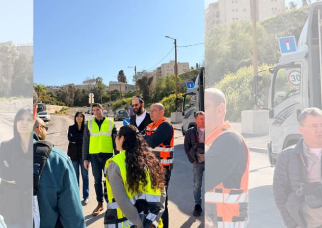 Senior officials from the Construction and Housing Ministry during a tour of the site of the fall in Beit Shemesh in March.