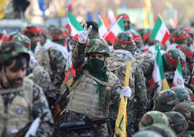 Basij militia members during an anti-Israel march in Tehran, January 2025; illustrative.