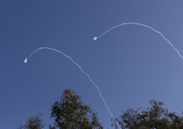 Rockets fired by Lebanon are intercepted in the sky on March 17, 2026 in Nahariya, Israel.