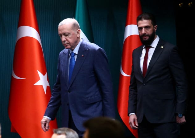 Turkish President Recep Tayyip Erdogan and Syrian President Ahmed al-Sharaa attend a press conference at joint press conference at the Presidential Palace in Ankara, Turkey, February 4, 2025; illustrative.