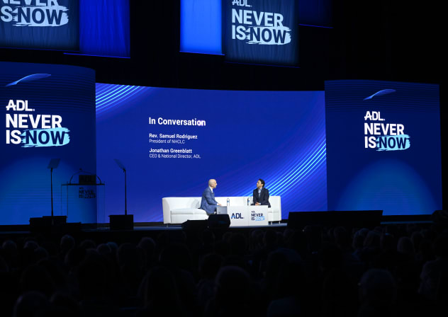 (L-R) CEO and National Director ADL Jonathan Greenblatt and Reverend Samuel Rodriguez speak onstage during the ADL Never Is Now Summit at The Jacob K. Javits Convention Center on March 16, 2026 in New York City.