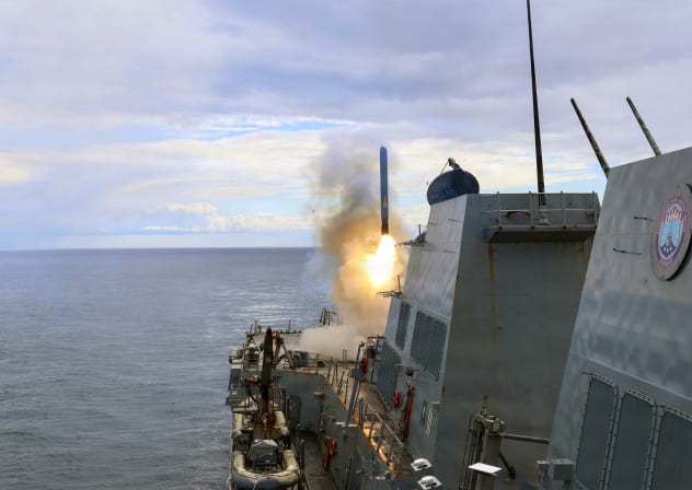 Arleigh Burke-class guided-missile destroyer USS Thomas Hudner (DDG 116) fires a Tomahawk land attack missile in support of Operation Epic Fury, on March 1, 2026 at Sea.