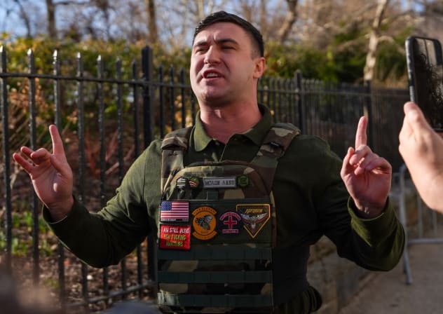 Far-right influencer Jake Lang speaks in front of Gracie Mansion regarding the attempted bombing at a protest organized by the influencer on Saturday, on March 9, 2026 in New York City. Two suspects were arrested on March 7 for allegedly throwing bombs that did not explode during a protest outside G