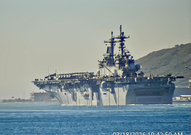 The USS Boxer departs from Naval Base San Diego, March 18, 2026.