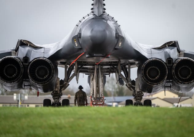 A B-1 Lancer bomber at RAF Fairford on March 15, 2026 in Fairford, England. The United States is using the RAF base as part of its military operations in Iran.