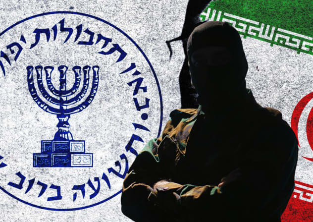 Illustrative image of a Mossad agent standing in front of Mossad vs Iran concept flags on a wall with a crack.