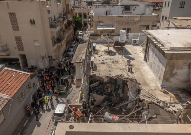 The scene where an Iranian ballistic missile struck a building in central Israel, March 22, 2026
