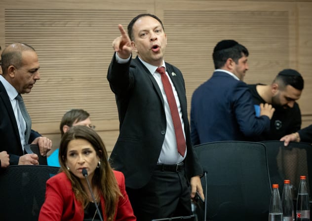 MK Vladimir Beliak reacts during a Constitution, Law and Justice Committee meeting and votes on parts of the judicial reform, at the Knesset, the Israeli Parliament in Jerusalem on July 19, 2023. 