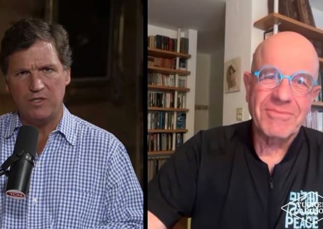 Right-wing pundit Tucker Carlson (l) hosts Israeli leftist, former interim president and former speaker of the Knesset, Avraham Burg, on his program, March 23, 2026.