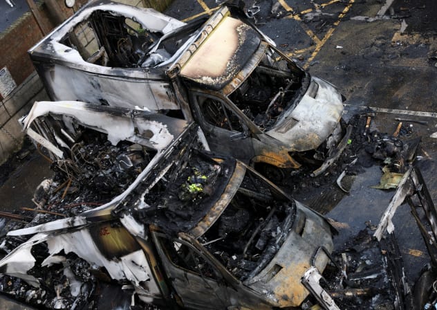 Charred remains of ambulances belonging to Hatzola, a Jewish community organisation, which were set on fire in an incident that the police say is being treated as an antisemitic hate crime, in northwest London, Britain, March 23, 2026.