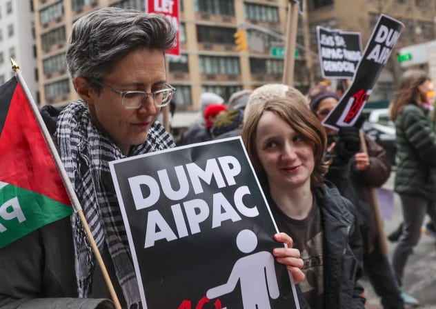 Pro-Palestinian  demonstrators rally outside AIPAC headquarters and the offices of Sens. Chuck Schumer and Kirsten Gillibrand, who've both been endorsed by the group, in New York City, February 22, 2024.