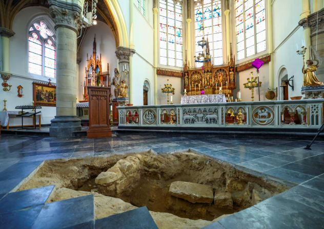 A view inside the Peter and Paul Church in Maastricht shows an excavation pit opened in the floor, where archaeologists believe they may have uncovered the skeletal remains of Charles de Batz de Castelmore, known as d’Artagnan, leader of King Louis XIV's musketeers, March 25, 2026.