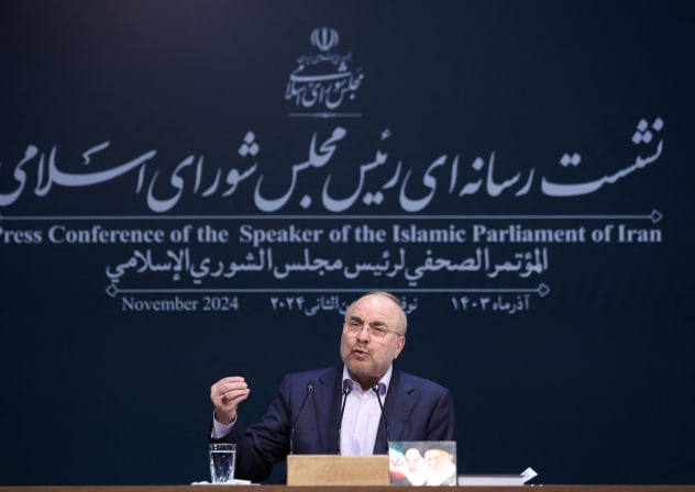Iranian Parliament Speaker Mohammad Bagher Ghalibaf speaks during a press conference in Tehran, Iran November 27, 2024. 