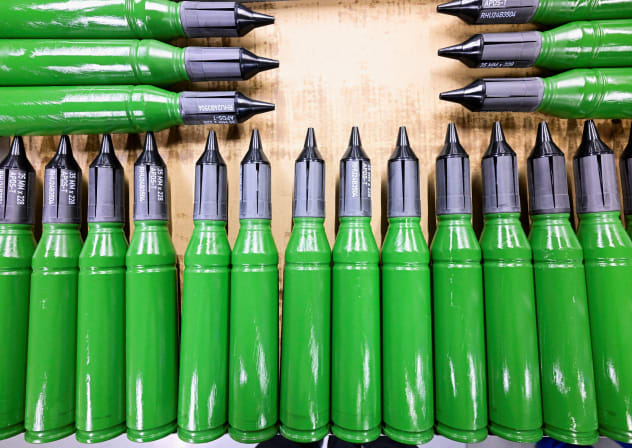 A detail of ammunition at a production line as German Chancellor Olaf Scholz and Defence Minister Boris Pistorius visit the future site of an arms factory where weapons maker Rheinmetall plans to produce artilleries from 2025, in Unterluess, Germany