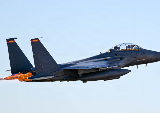 An F-15E Strike Eagle takes off for a combat flight during Operation Epic Fury, March 16, 2026.