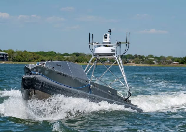 A US Navy Global Autonomous Reconnaissance Craft maneuvers during an exercise in Charleston, South Carolina, April 17, 2025. 