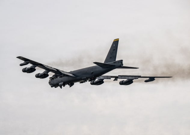 An Air Force B-52 Stratofortress takes off in support of Operation Epic Fury during the Iran war at an undisclosed location, March 22, 2026.