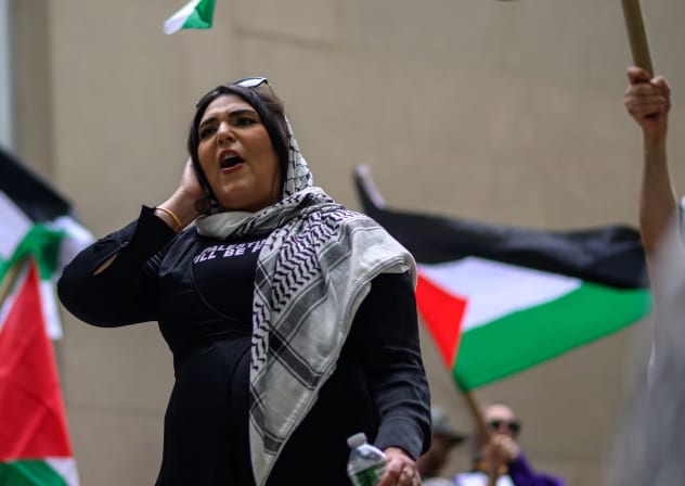 Nerdeen Kiswani speaks during a protest commemorating Nakba Day on May 15, 2025 in the Brooklyn borough of New York City. 