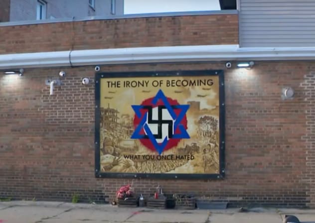 A controversial pro-Palestinian mural in Milwaukee, Wisconsin, depicting a Jewish star turning into a swastika, put up by a Palestinian business owner on Sept. 14, 2024.