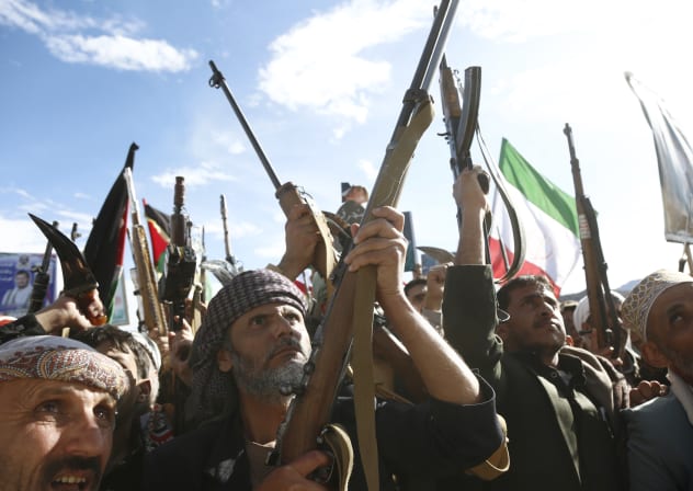 Yemen's Houthi loyalists chant slogans as they participate in a protest staged to show support to Iran against the U.S.-Israel war on March 27, 2026 in Sana'a, Yemen.