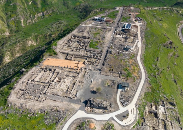 Ancient city of     Hippos looking east, with the cathedral’s location marked within the city, March 31, 2026.