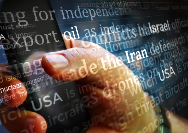 Iran Israel USA war conflict social media on display. Searching on tablet, pad, phone or smartphone screen in hand. 