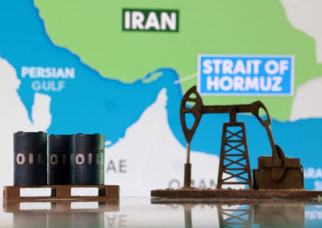 3D-printed oil barrels, an oil pump jack and a map showing the Strait of Hormuz and Iran appear in this illustration taken March 2, 2026.