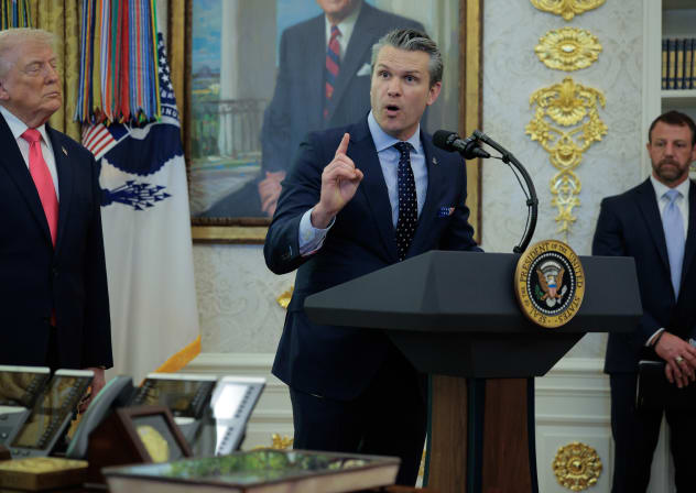 US Secretary of Defense Pete Hegseth talks about the war in Iran as President Donald Trump hosts the swearing-in ceremony for US Secretary of the Department of Homeland Security Markwayne Mullin (R) in the Oval Office at the White House on March 2. 