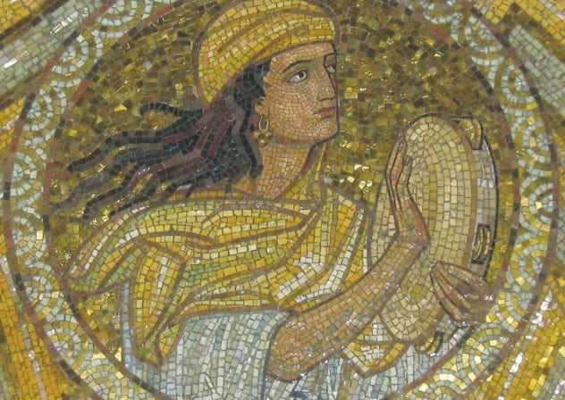 BYZANTINE MOSAIC, Abbey of the Dormition, Jerusalem (c. early medieval) – Miriam, tambourine in hand.