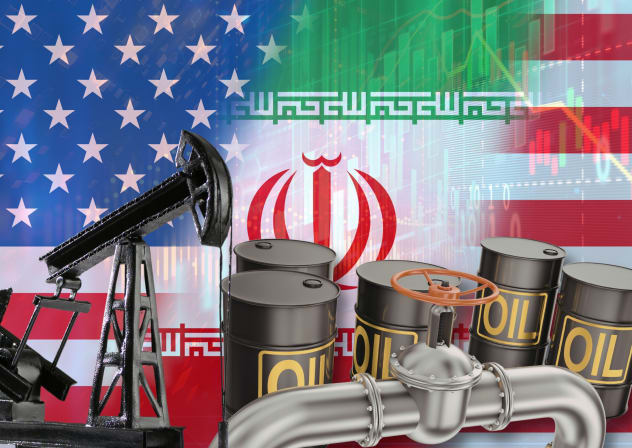 An illustration of oil barrels, pipelines, and drills, over the backdrop of US and Iranian flags.