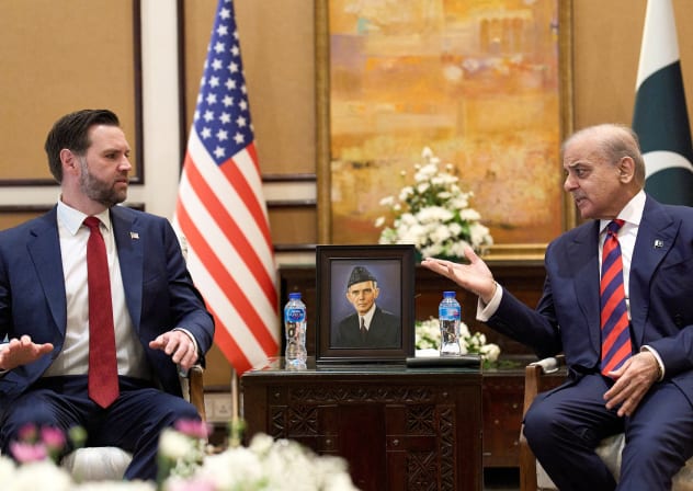 US Vice President JD Vance, left, meets with Pakistan's Prime Minister Shehbaz Sharif for talks about Iran, in Islamabad, Pakistan, April 11, 2026.