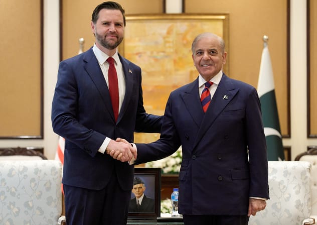 US Vice President JD Vance shakes hands with Pakistan's Prime Minister Shehbaz Sharif during their meeting on April 11, 2026 at Islamabad, Pakistan.