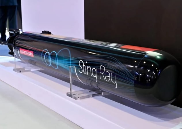 Se expone un torpedo ligero de guerra antisubmarina Sting Ray de BAE Systems, lanzado desde el aire, durante la feria Security Equipment International (DSEI) celebrada en el Excel de Londres el 9 de septiembre de 2025 en Londres, Inglaterra