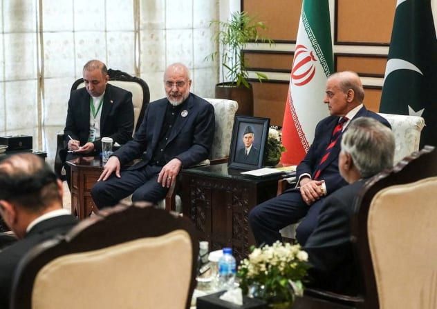 Pakistan's Prime Minister Shehbaz Sharif meets with Iranian Parliament Speaker Mohammad Bagher Ghalibaf, as delegations from the United States and Iran are expected to hold peace talks, in Islamabad, Pakistan, April 11, 2026.