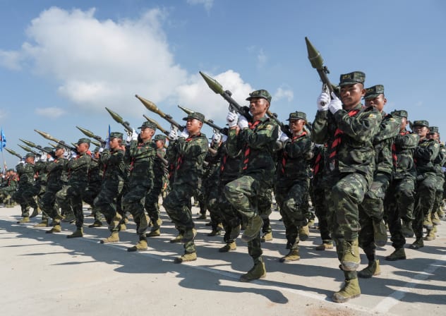 Soldiers of the Shan State Army (SSA) march in formation during a military parade celebrating the 79th Shan State National Day at Loi Tai Leng, the Restoration Council of Shan State's (RCSS) headquarters, in Shan State, Myanmar, February 7, 2026. 