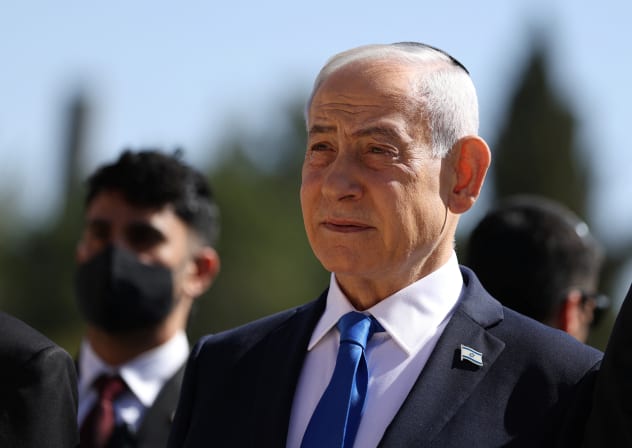 Israel's Prime Minister Benjamin Netanyahu attends a wreath-laying ceremony marking the annual Holocaust Remembrance Day at the Yad Vashem Holocaust Memorial Museum in Jerusalem on April 14, 2026.