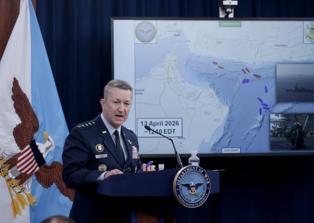 Chairman of the Joint Chiefs of Staff Gen. Dan Caine speaks as he displays a map showing the United States Navy's blockade of the Strait of Hormuz during a press briefing at the Pentagon on April 16, 2026 in Arlington, Virginia.