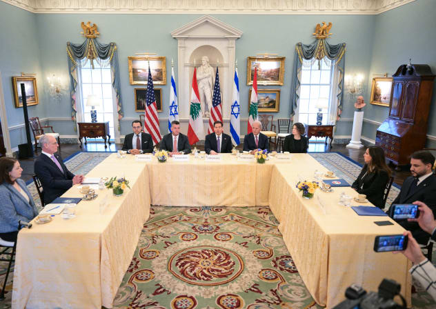 US Secretary of State Marco Rubio (C) speaks during a meeting with Lebanon's Ambassador to the US Nada Hamadeh Moawad (2R) and Israeli Ambassador to the US Yechiel Leiter (2L) at the State Department in Washington, DC, on April 14, 2026.
