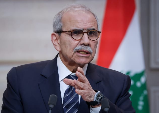 Lebanon's Prime Minister Nawaf Salam speaks during a joint declaration press event with French President following their meeting at the Elysee Presidential Palace in Paris on April 21, 2026.