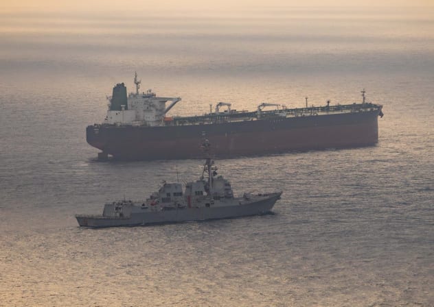 Guided-missile destroyer USS Rafael Peralta (DDG 115) enforces the US blockade on Iranian ports against an Iranian-flagged ship attempting to sail to a port in Iran, April 24, 2026.