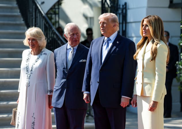 US President Donald Trump and first lady Melania Trump welcome Britain's King Charles and Queen Camilla on the day of an afternoon tea at the White House in Washington, DC, US, April 27, 2026.