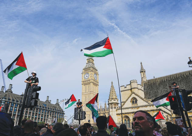 ’LIFT THE BAN’ rally organized by Defend Our Juries, challenging the British government’s proscription of ‘Palestine Action’ under anti-terrorism laws, in London’s Parliament Square, Sept. 6, 2025