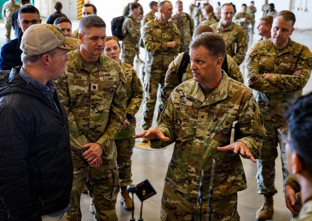 US Army Brig. Gen. Curtis King, commanding general of 10th Army Air and Missile Defense Command speaks with Secretary of the Army Daniel Driscoll, April 30 in Ansbach, Germany. 